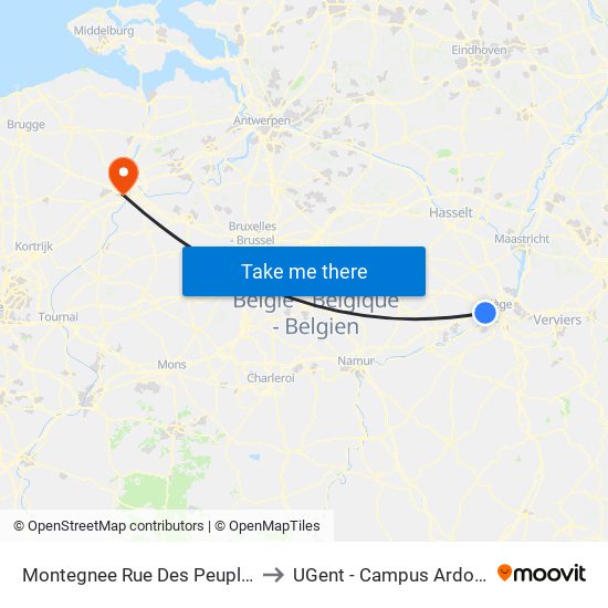Montegnee Rue Des Peupliers to UGent - Campus Ardoyen map