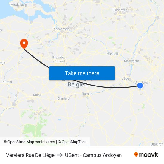 Verviers Rue De Liège to UGent - Campus Ardoyen map