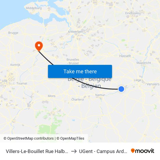 Villers-Le-Bouillet Rue Halbosart to UGent - Campus Ardoyen map