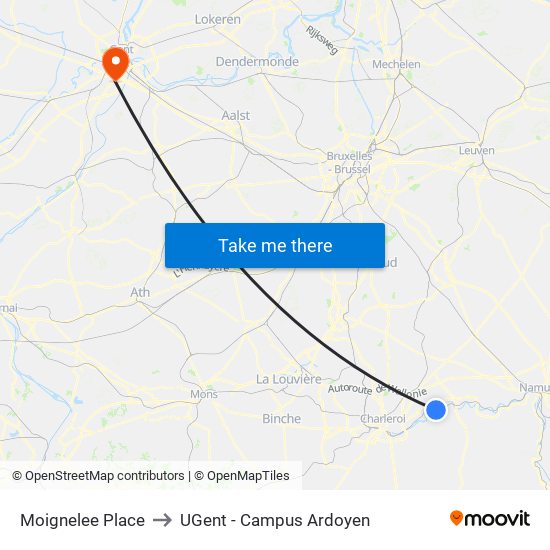 Moignelee Place to UGent - Campus Ardoyen map