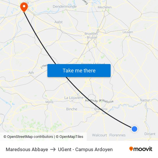 Maredsous Abbaye to UGent - Campus Ardoyen map