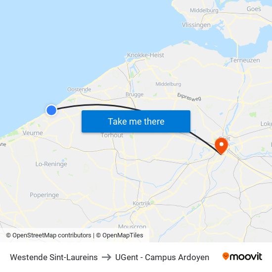 Westende Sint-Laureins to UGent - Campus Ardoyen map