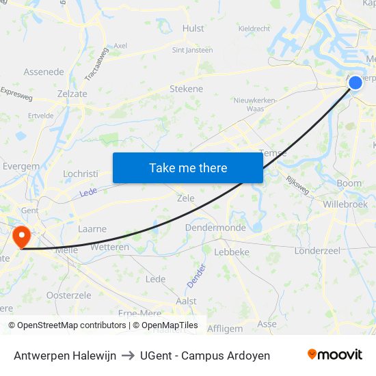 Antwerpen Halewijn to UGent - Campus Ardoyen map