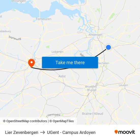 Lier Zevenbergen to UGent - Campus Ardoyen map