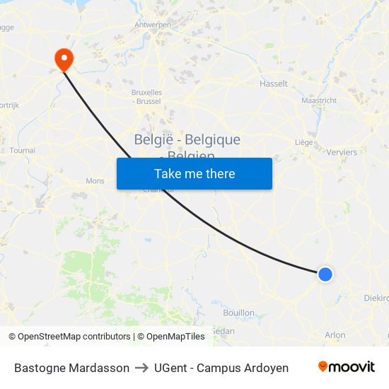 Bastogne Mardasson to UGent - Campus Ardoyen map