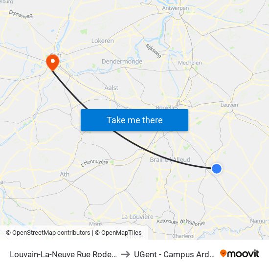 Louvain-La-Neuve Rue Rodeuhaie to UGent - Campus Ardoyen map