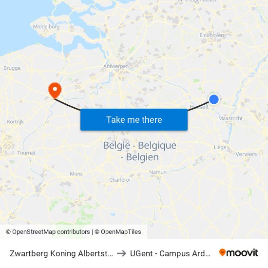 Zwartberg Koning Albertstraat to UGent - Campus Ardoyen map