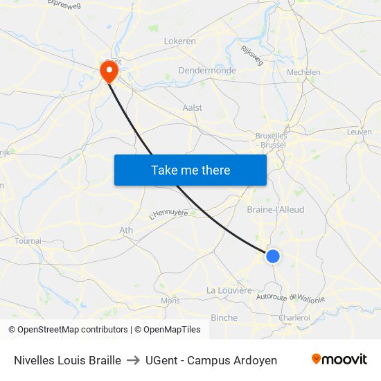 Nivelles Louis Braille to UGent - Campus Ardoyen map