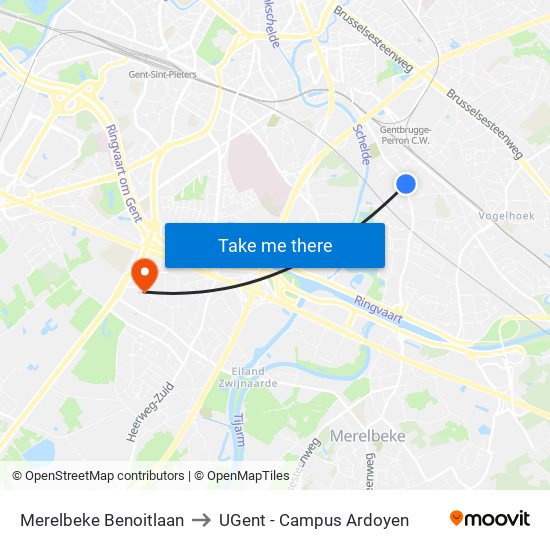 Merelbeke Benoitlaan to UGent - Campus Ardoyen map