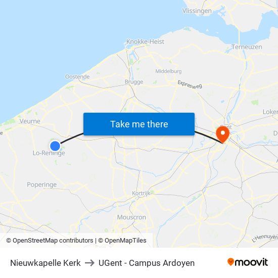 Nieuwkapelle Kerk to UGent - Campus Ardoyen map