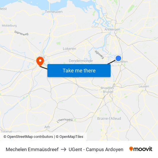 Mechelen Emmaüsdreef to UGent - Campus Ardoyen map