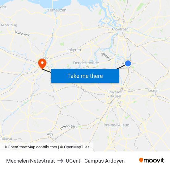 Mechelen Netestraat to UGent - Campus Ardoyen map
