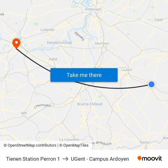Tienen Station Perron 1 to UGent - Campus Ardoyen map