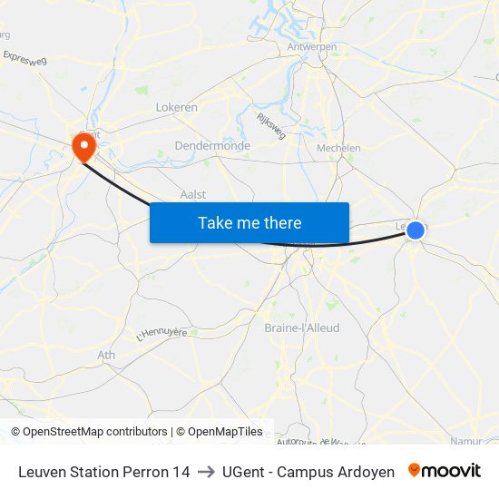 Leuven Station Perron 14 to UGent - Campus Ardoyen map