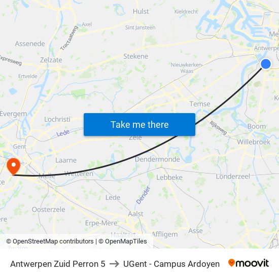 Antwerpen Zuid Perron 5 to UGent - Campus Ardoyen map