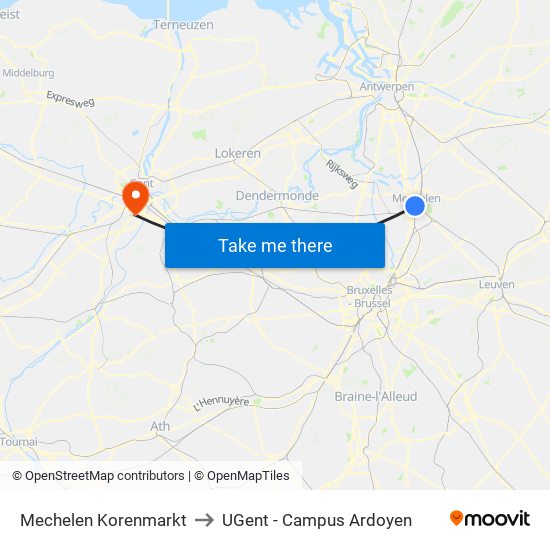 Mechelen Korenmarkt to UGent - Campus Ardoyen map