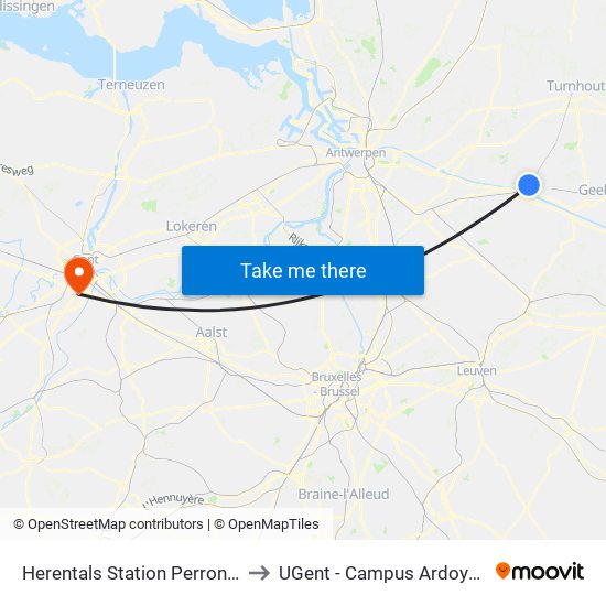 Herentals Station Perron 1 to UGent - Campus Ardoyen map