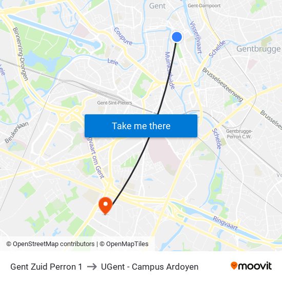 Gent Zuid Perron 1 to UGent - Campus Ardoyen map