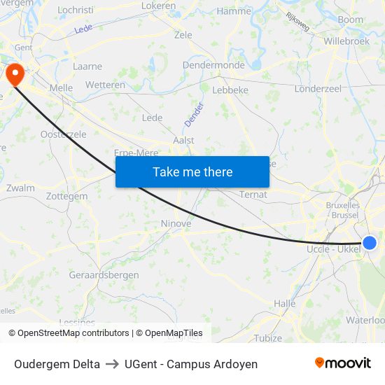 Oudergem Delta to UGent - Campus Ardoyen map