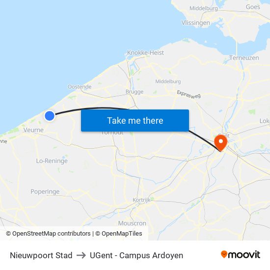 Nieuwpoort Stad to UGent - Campus Ardoyen map