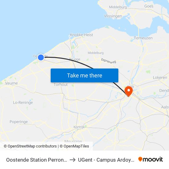 Oostende Station Perron 8 to UGent - Campus Ardoyen map