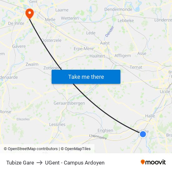 Tubize Gare to UGent - Campus Ardoyen map