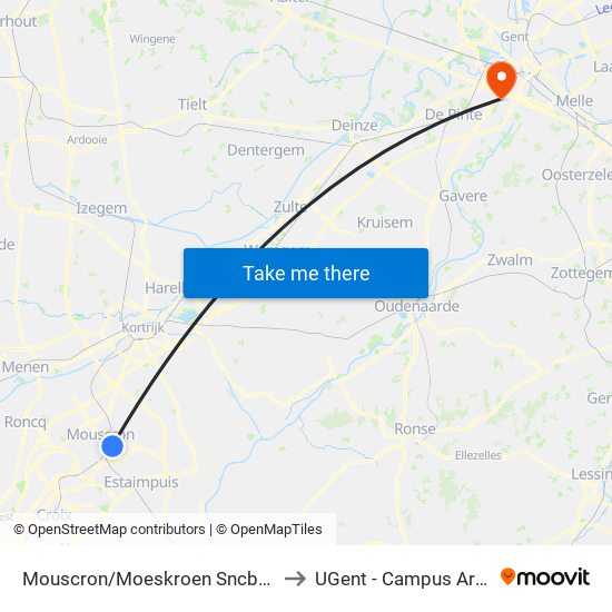 Mouscron/Moeskroen Sncb/Station to UGent - Campus Ardoyen map