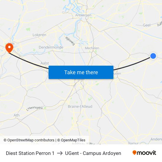 Diest Station Perron 1 to UGent - Campus Ardoyen map