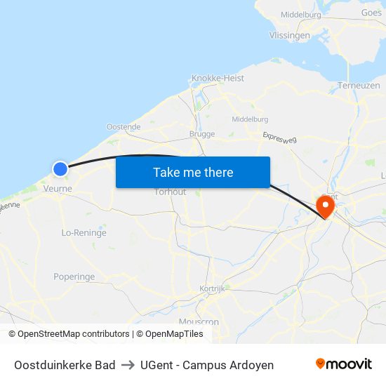 Oostduinkerke Bad to UGent - Campus Ardoyen map