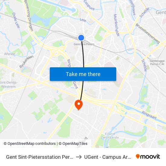 Gent Sint-Pietersstation Perron 10 to UGent - Campus Ardoyen map