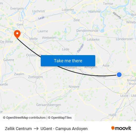 Zellik Centrum to UGent - Campus Ardoyen map