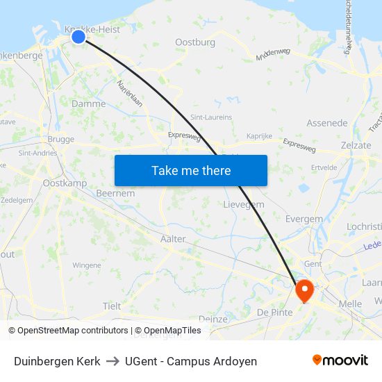 Duinbergen Kerk to UGent - Campus Ardoyen map