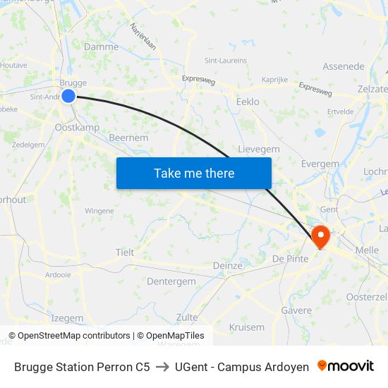 Brugge Station Perron C5 to UGent - Campus Ardoyen map