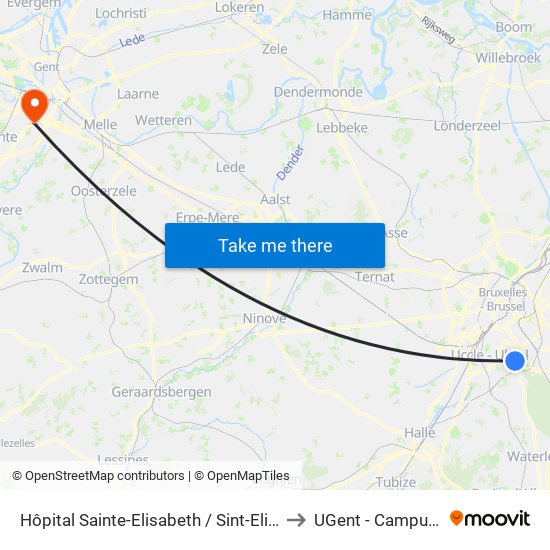 Hôpital Sainte-Elisabeth / Sint-Elizabeth-Ziekenhuis to UGent - Campus Ardoyen map