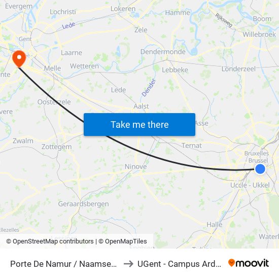 Porte De Namur / Naamsepoort to UGent - Campus Ardoyen map