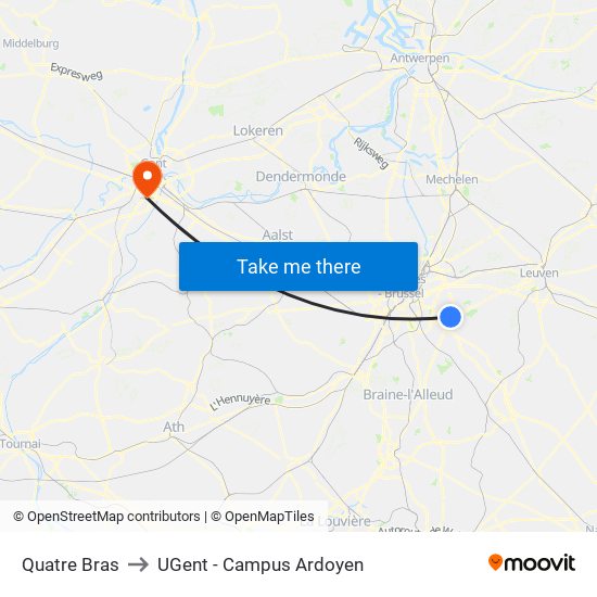 Quatre Bras to UGent - Campus Ardoyen map