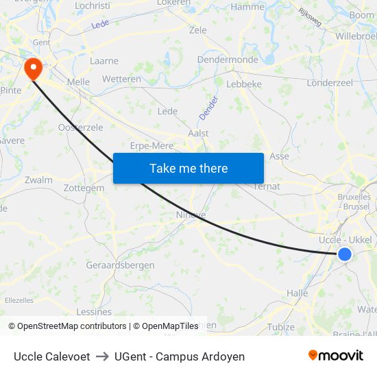 Uccle Calevoet to UGent - Campus Ardoyen map