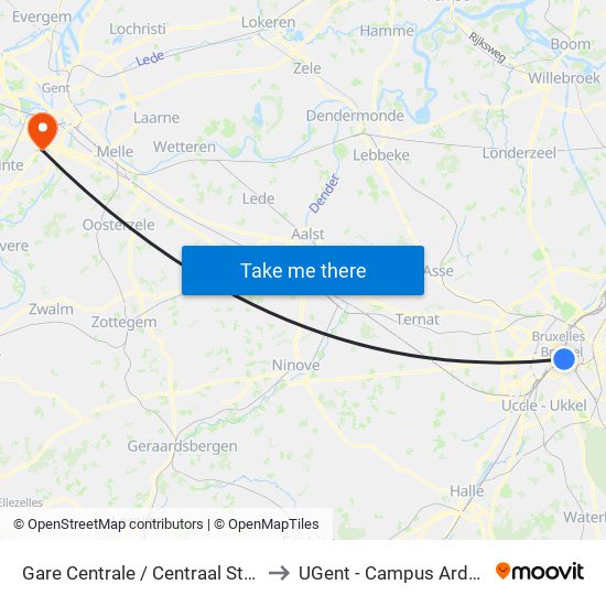 Gare Centrale / Centraal Station to UGent - Campus Ardoyen map