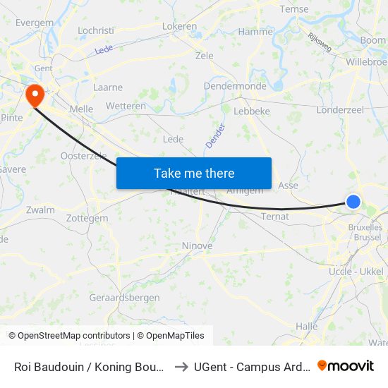 Roi Baudouin / Koning Boudewijn to UGent - Campus Ardoyen map