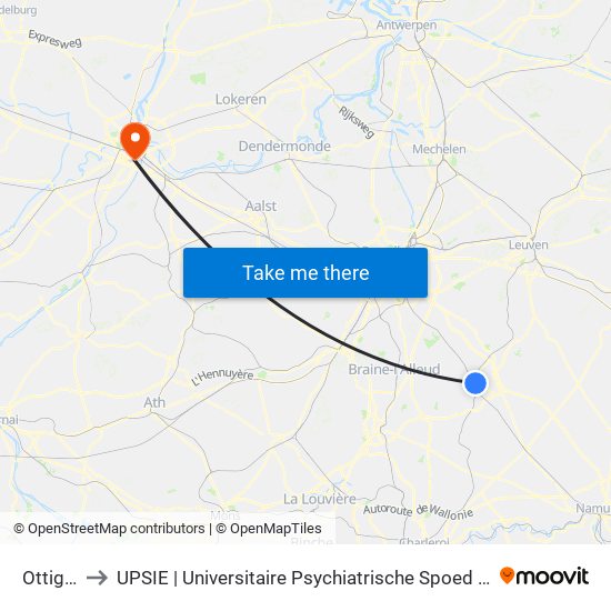 Ottignies to UPSIE | Universitaire Psychiatrische Spoed Intensieve Eenheid map