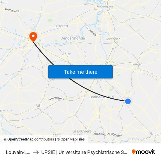 Louvain-La-Neuve to UPSIE | Universitaire Psychiatrische Spoed Intensieve Eenheid map