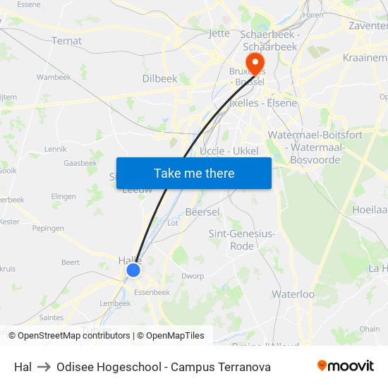 Hal to Odisee Hogeschool - Campus Terranova map