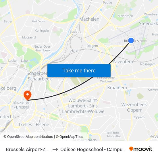 Brussels Airport-Zaventem to Odisee Hogeschool - Campus Terranova map