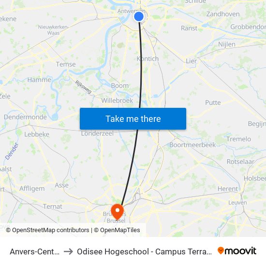 Anvers-Central to Odisee Hogeschool - Campus Terranova map