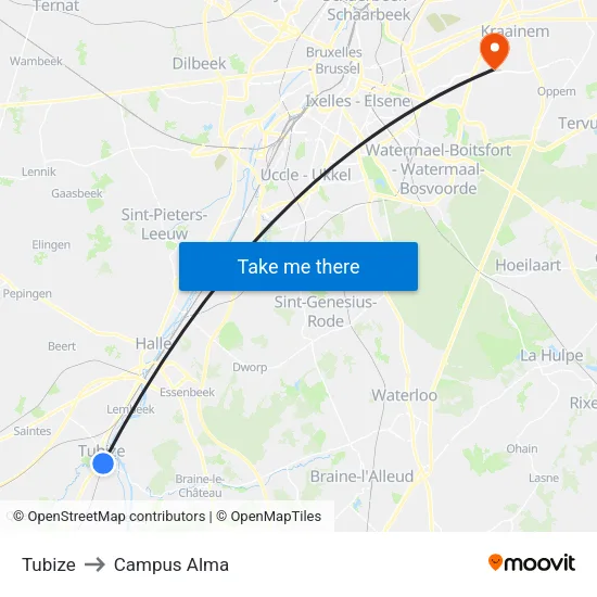 Tubize to Campus Alma map