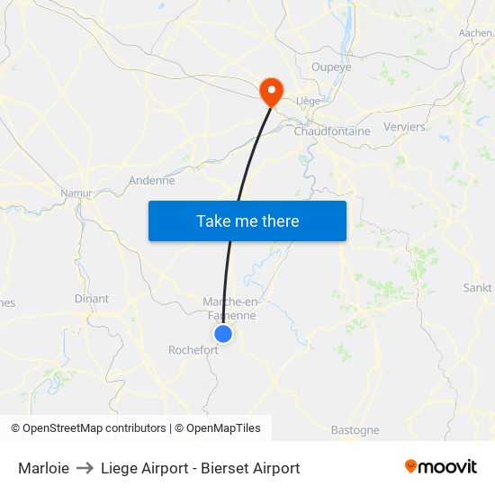 Marloie to Liege Airport - Bierset Airport map