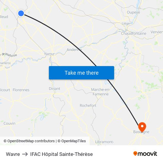 Wavre to IFAC Hôpital Sainte-Thérèse map