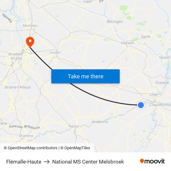 Flémalle-Haute to National MS Center Melsbroek map