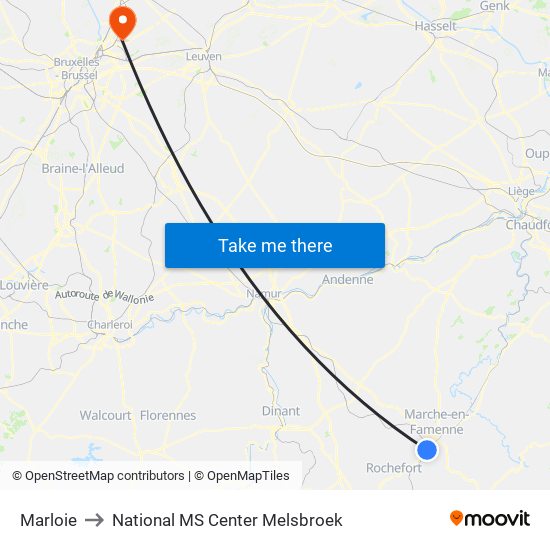 Marloie to National MS Center Melsbroek map