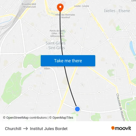 Churchill to Institut Jules Bordet map